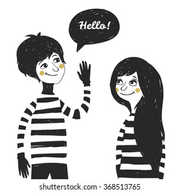 Hand drawn illustration with lovely couple. Valentine day greeting card.