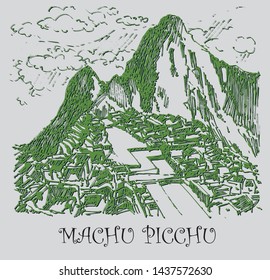  Hand drawn illustration of Machu Picchu landscape