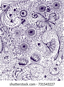 Hand drawn illustration made of various flowers and plants and beautiful doodle butterfly