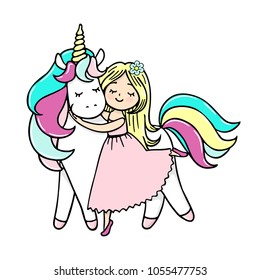 Hand drawn illustration of a magic unicorn with a girl. Vector isolated illustration.