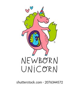 Hand drawn illustration with magic unicorn and hand drawn lettering. Mom and baby unicorn.