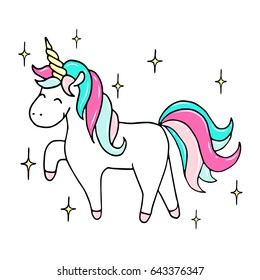 Hand drawn illustration of a magic unicorn with stars. Vector isolated illustration