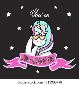 Hand drawn illustration of magic unicorn. You Are Awesome text. Vector isolated illustration. Can be used for greeting, birthday and invitation card