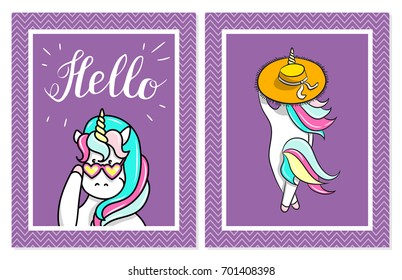 Hand drawn illustration of magic unicorns. Hello text. Can be used for greeting, birthday and invitation card.