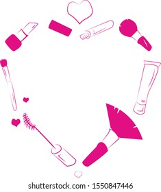 Hand drawn  illustration of makeup tools. Abstract design.Female cosmetics sketch isolated  beauty ptoduct. Concept for beauty salon, cosmetics label, cosmetology procedures, visage, makeup.