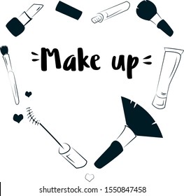 Hand drawn  illustration of makeup tools. Abstract design.Female cosmetics sketch isolated  beauty ptoduct. Concept for beauty salon, cosmetics label, cosmetology procedures, visage, makeup.