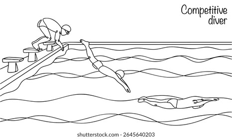 A hand drawn illustration of a man diving from a diving board into water. The athlete practices diving to improve his endurance, breathing technique, and ability to hold his breath underwater. 