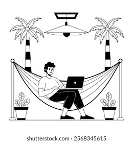 Hand drawn illustration of a man doing beach work sitting in hammock