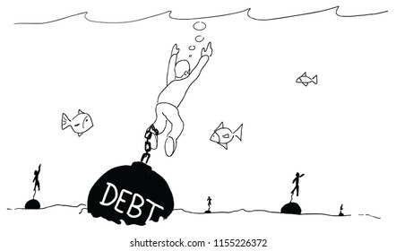 A hand drawn illustration of a man drowning in debt.