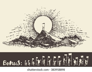 Hand Drawn Illustration Of A Man On Top Of A Mountain At Sunrise, Winner Concept, Sketch
