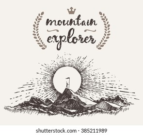 Hand drawn illustration of a man on top of a mountain at sunrise, winner concept, sketch