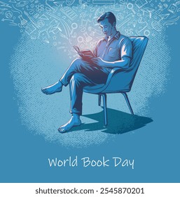 Hand drawn illustration of man reading book sitting on chair. World book Day poster Vector illustration.