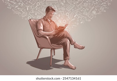 Dibujado a mano ilustración de hombre leyendo libro sentado en silla. Ilustración vectorial de póster del Día Internacional de la Alfabetización. libro mundial, buenos días diseño de póster