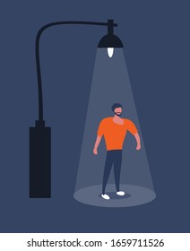 Hand Drawn Illustration With A Man Standing Under A Street Lamp. Clip Art.