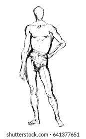 Hand drawn illustration of a man in a standing position, original artistic pen sketch over white