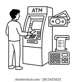 Hand drawn illustration of a man using an ATM machine to withdraw cash with a receipt and keypad