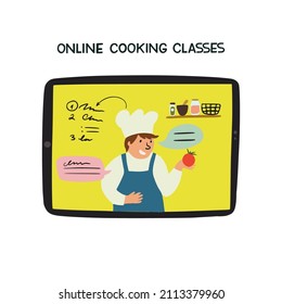 Hand drawn illustration of man wear apron, chef's hat, teaching online cooking class in culinary school. Illustration of tablet with concept of studying via internet for pastime, hobby, food preparing