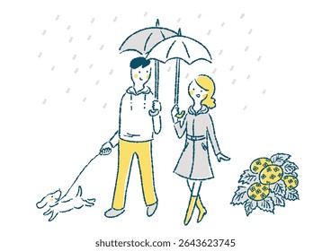 Hand drawn illustration of man and woman walking with dog in the rain(few colors)