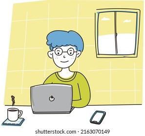 Ilustración dibujada a mano del hombre que trabaja con un ordenador en la habitación, utilizando amarillo, blanco y azul para la coincidencia de colores