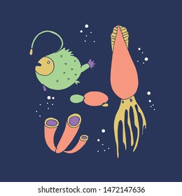 Hand drawn illustration of Marine life. Vector colorful doodles. Underwater animals vector.