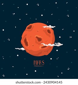 Hand drawn illustration of mars in a flat style. Dark blue background with stars. Cartoon planet icon. Night space astronomy and celestial body