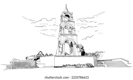 A hand drawn illustration of the martyrdom monument of the 57th regiment, which was martyred in Çanakkale in the 1st world war, from a different angle. Charcoal drawing technique or engraving.