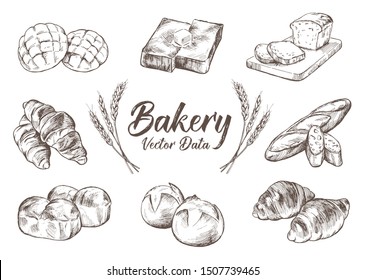 Hand drawn illustration material: bread, bakery set, collection