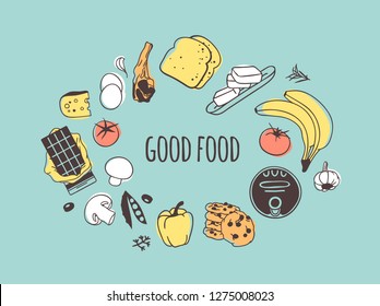 Hand drawn illustration meal and quote. Creative ink art work. Actual vector drawing. Kitchen set and text GOOD FOOD