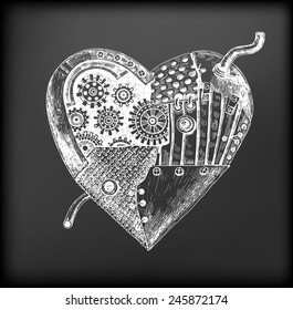 Hand drawn illustration of mechanical heart repaired many times but still working on chalkboard background. Valentine's day illustration.