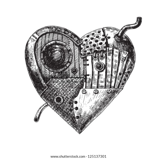 Hand Drawn Illustration Mechanical Heart Stock Vector (Royalty Free