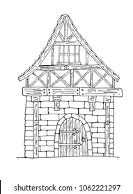 Hand drawn illustration of Medieval cartoon style small house cottage