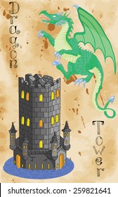 Hand drawn illustration with medieval dragon and old castle tower on shabby paper background