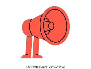 Hand drawn illustration megaphone or loudspeaker with legs character. Flat vector mascot store promotion, advertisement sticker in doodle style. Protest, danger icon. Communication speaker. Isolated.