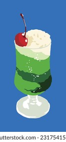 Hand drawn illustration of Melon Soda, one of Japan's representative drinks. It is a carbonated soft drink with melon flavor added to soda, sold in cafes, and contains ice cream and cherries.