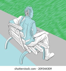 Hand drawn illustration of a men on a bench, artistic composition 