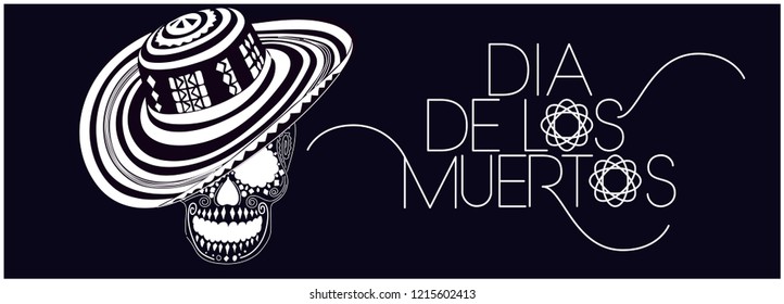 Hand drawn illustration of Mexican holiday Dia de los Muertos (Day of the Dead), with lettering in minimalistic style. Vector illustration for posters, prints, banners, invitations and flyers, web.