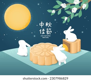 Hand drawn illustration of mid-autumn festival with mooncakes and rabbits.