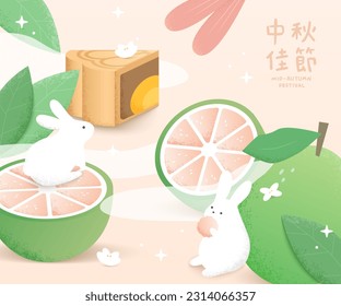 Hand drawn illustration of mid-autumn festival with mooncakes and pomelo.