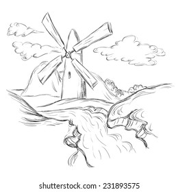 Hand drawn illustration of a mill