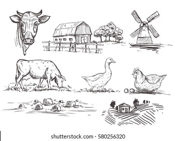 Hand Drawn Illustration With Mill, Farm, Cow And Goose And Chicken And Haystacks And Trees Sketches. Vector Set