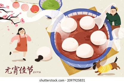 Hand drawn illustration of miniature Asian teens enjoying a bowl of warm glutinous rice balls. Winter solstice or yuan xiao cuisine. Translation: Happy lantern festival, 15th January