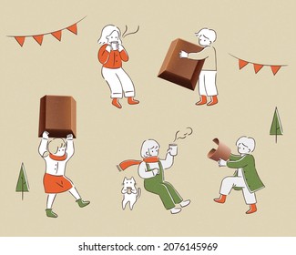 Hand drawn illustration of miniature people in winter outfits enjoying 3d chocolate block. Winter hygge concept