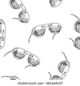 Hand drawn illustration of mirror sunglasses with palm trees on the beach reflected in them Vector seamless pattern. Summer texture