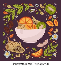 Hand drawn illustration of mixed nuts and dried fruits in bowl: prune, hazelnut, almond, cashew, peanut, raisin,  dried apricot, fig, pistachio, kiwi, citrus. 