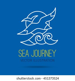 Hand drawn illustration. Modern linear design. Gulls over the waves in the sun. White contour on a blue background with text.