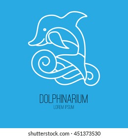 Hand drawn illustration. Modern linear design. Dolphin jumping in the waves. White contour on a light blue background with text. Template for covers, logo, posters, invitations.