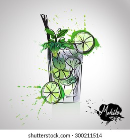 Hand drawn illustration. Mojito. Watercolor made in vector.