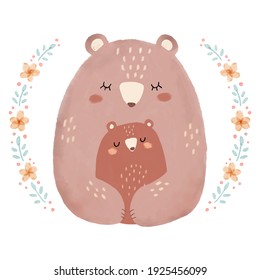 Ilustración dibujada a mano de osos mamás y bebés con marco irregular. Un oso madre abrazando a un oso bebé. Para el día de la madre, ducha de bebé, tarjetas de bienvenida, huellas de arte, decoración de pared, etc.