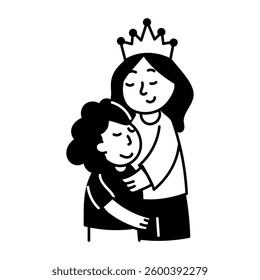 Hand drawn illustration of a mom crown hugging her kid
