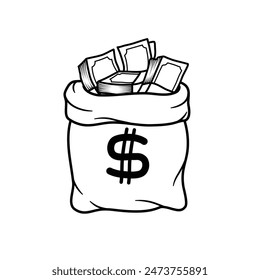 hand drawn illustration of Money bag with dollar currency icon and stack of banknotes, black line vector line art.